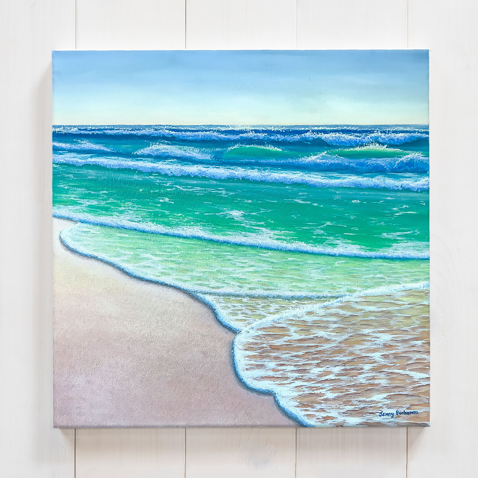 Shore Wash Painting On Square Canvas - Blue Beach House Art